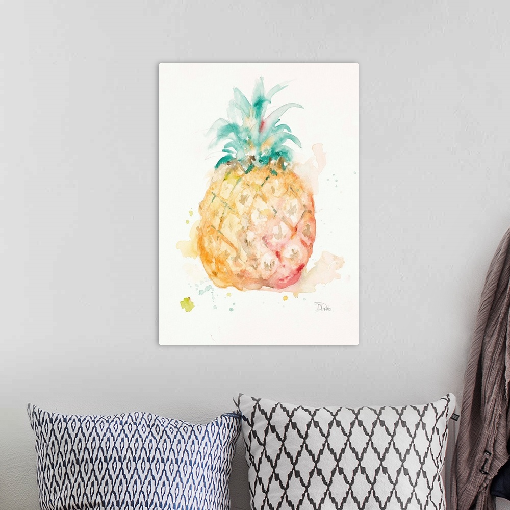 A bohemian room featuring Watercolor painting of a pineapple with green, orange, and red hues on a white background with so...