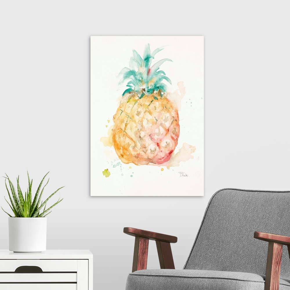 A modern room featuring Watercolor painting of a pineapple with green, orange, and red hues on a white background with so...