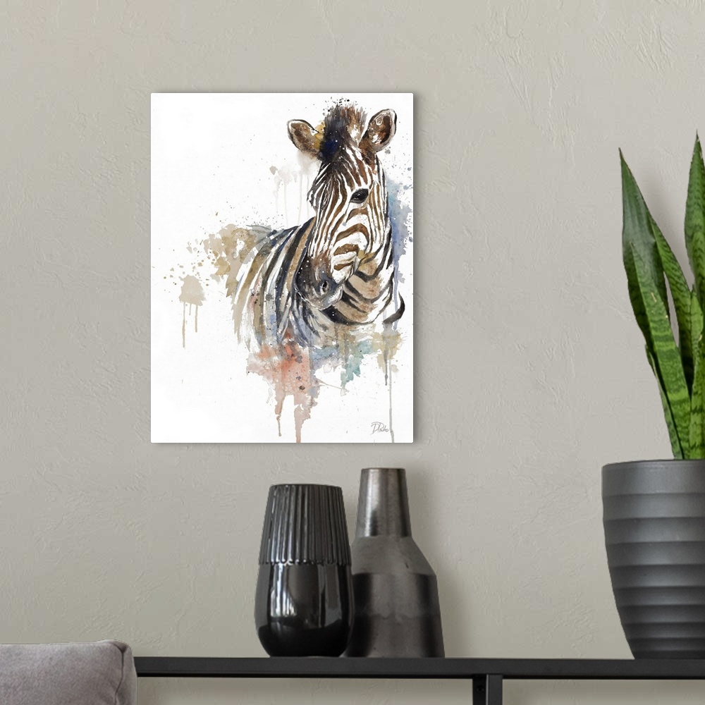 A modern room featuring Watercolor painting of a zebra embellished with gold and paint splatters.