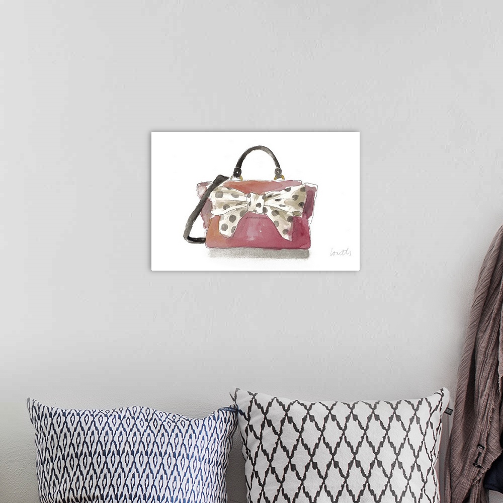 A bohemian room featuring Watercolor painting of a light pink purse with a big white bow attached to it with black polka dots.