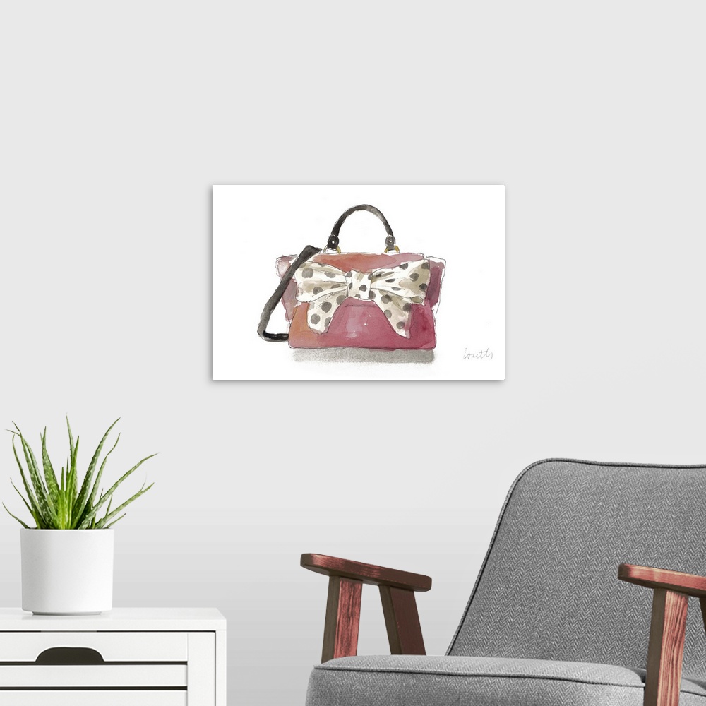 A modern room featuring Watercolor painting of a light pink purse with a big white bow attached to it with black polka dots.