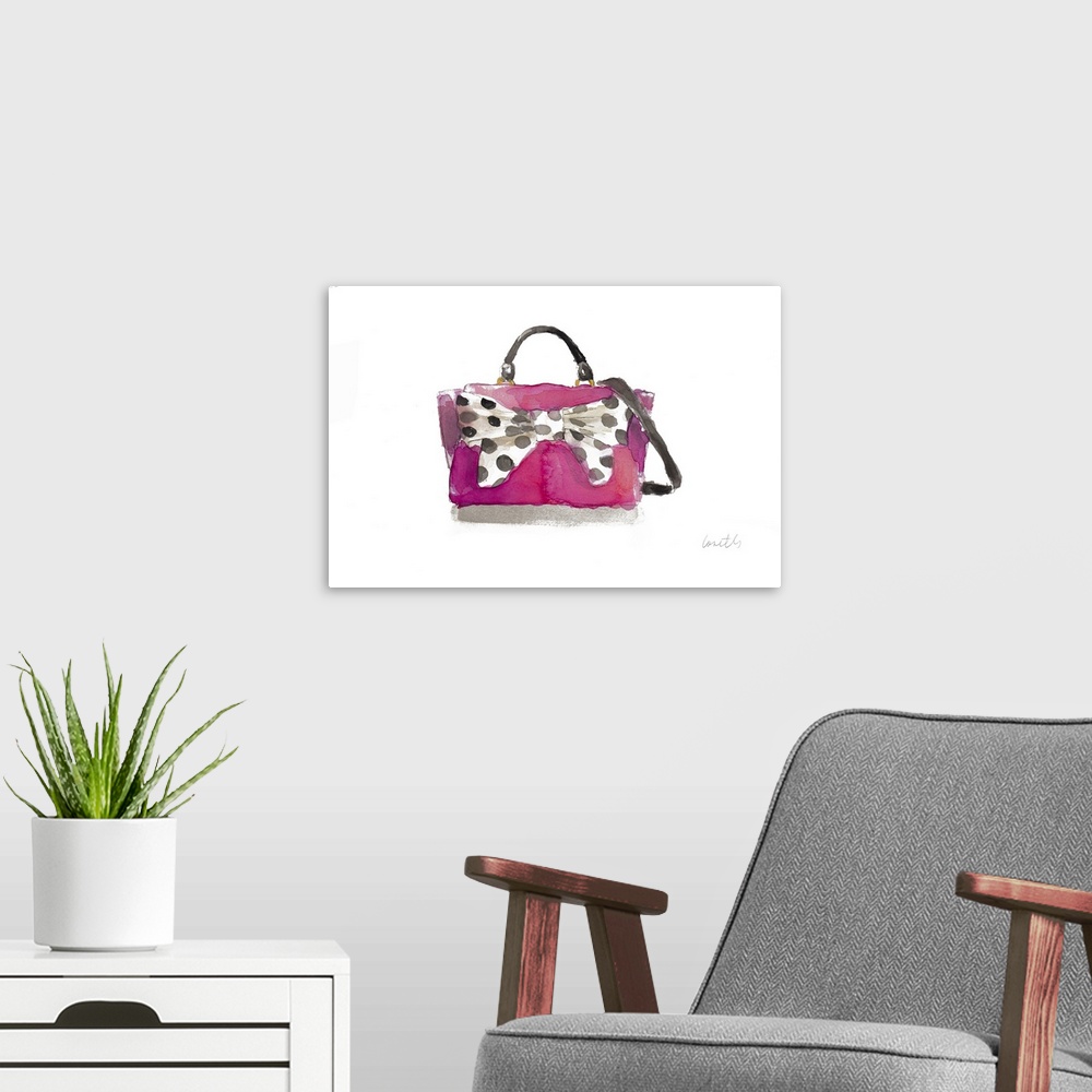 A modern room featuring Watercolor painting of a dark pink purse with a big white bow attached to it with black polka dots.