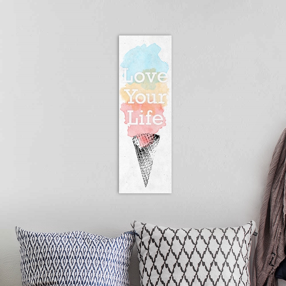 A bohemian room featuring Image of an ice cream cone with three 'scoops' of watercolor, and the phrase "Love Your Live."