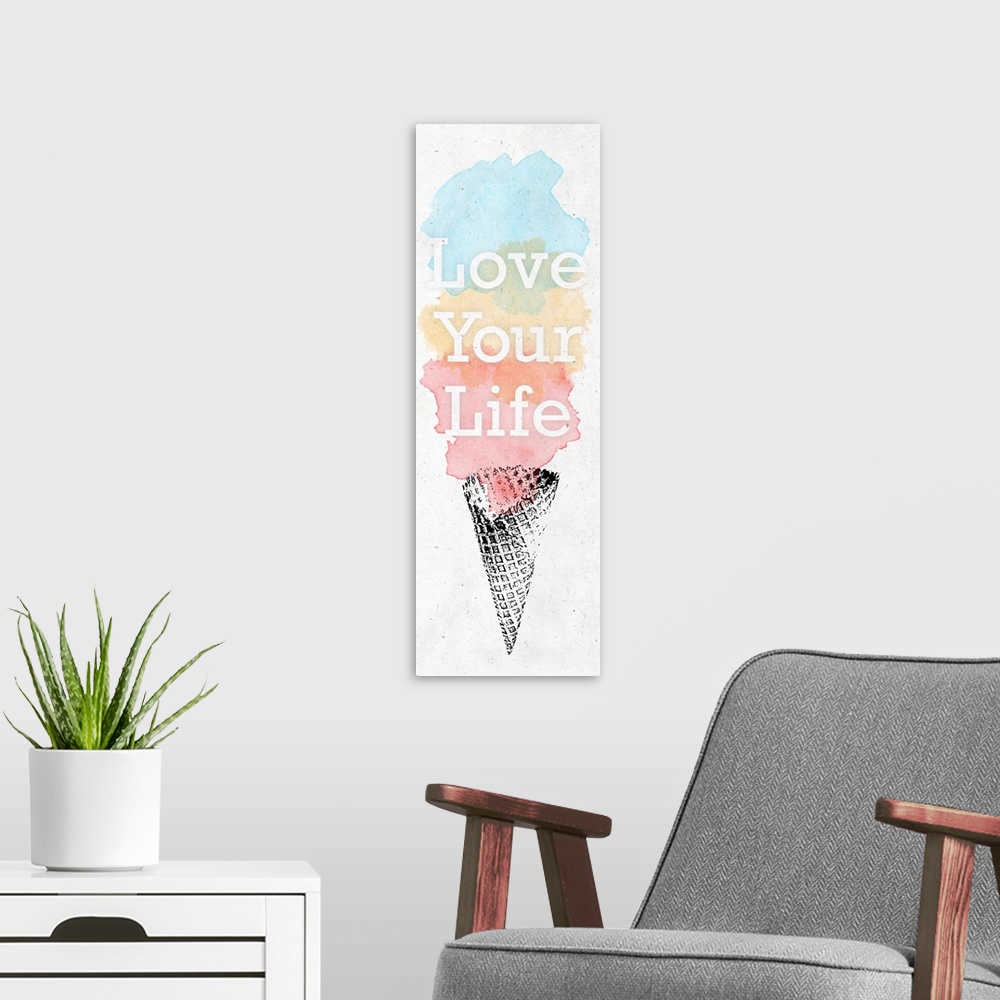A modern room featuring Image of an ice cream cone with three 'scoops' of watercolor, and the phrase "Love Your Live."