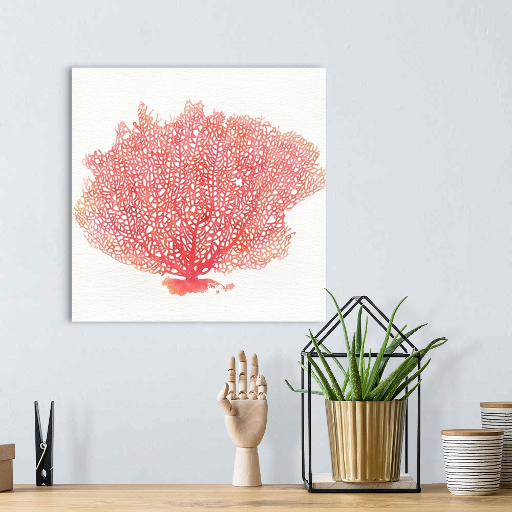 A bohemian room featuring Contemporary watercolor painting of red fan coral against a white background.
