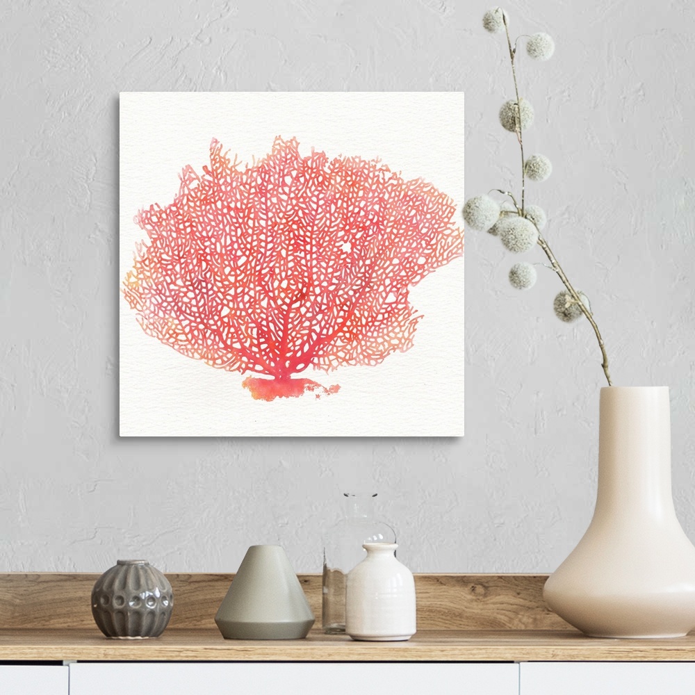 A farmhouse room featuring Contemporary watercolor painting of red fan coral against a white background.