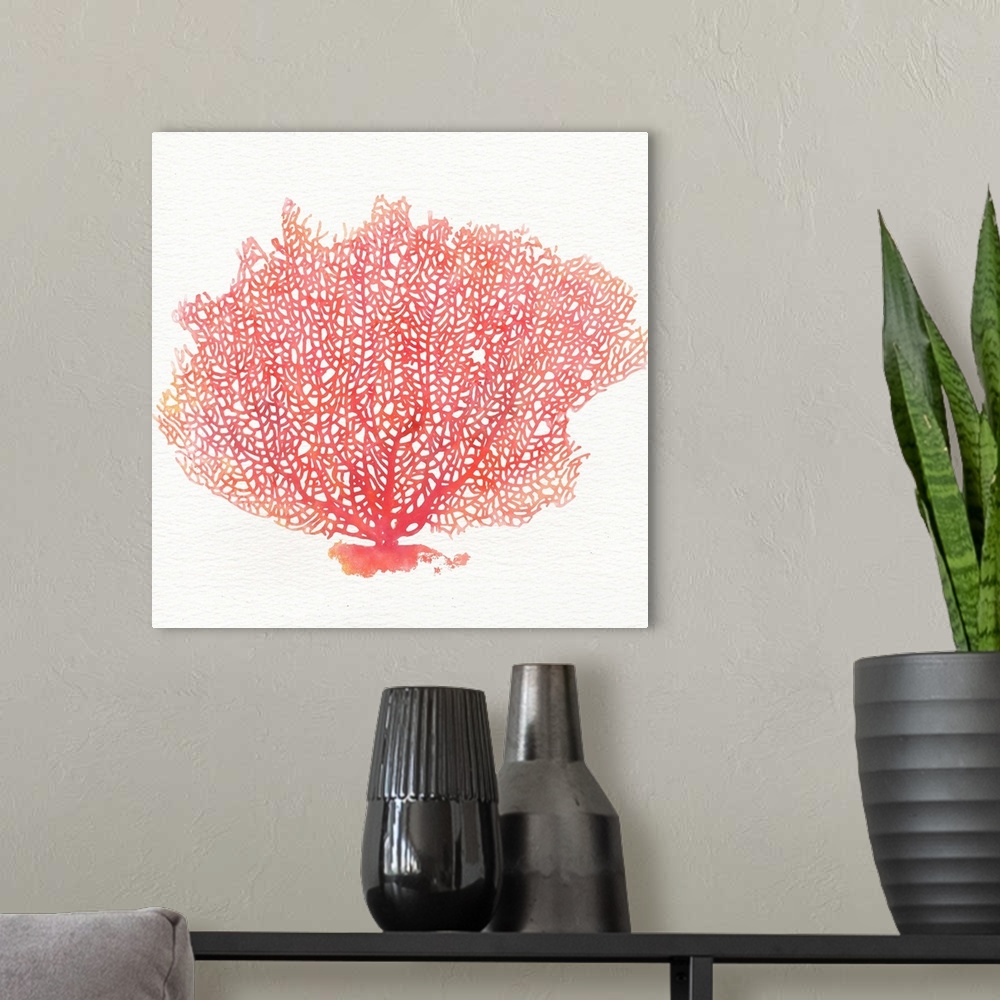 A modern room featuring Contemporary watercolor painting of red fan coral against a white background.
