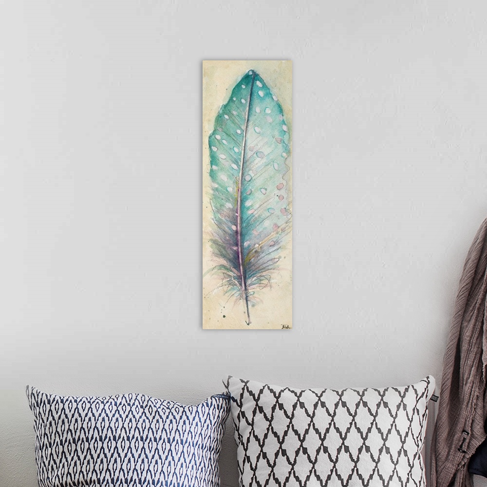 A bohemian room featuring Contemporary watercolor painting of a feather against a beige background.