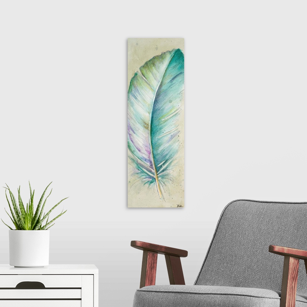 A modern room featuring Contemporary watercolor painting of a feather against a beige background.