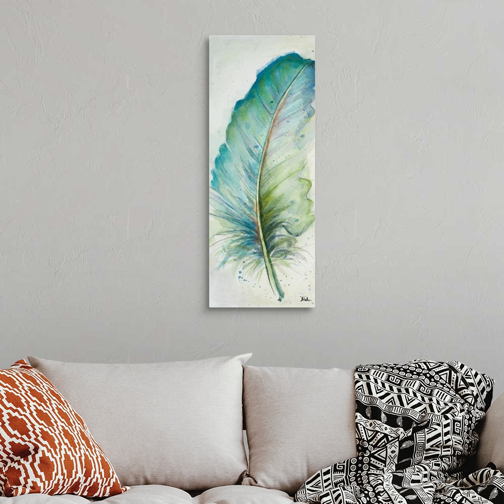 A bohemian room featuring A watercolor painting of a feather with blue and green hues.