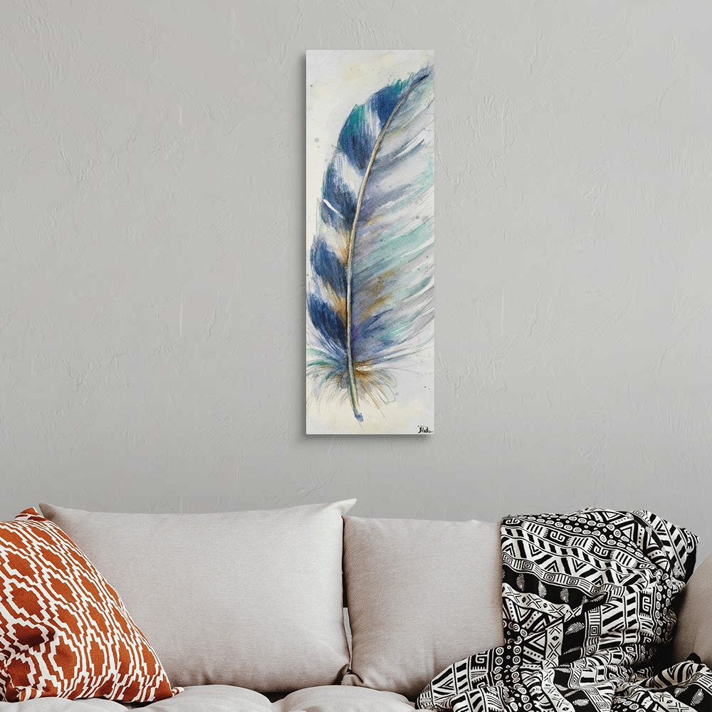 A bohemian room featuring Watercolor painting of a pointed, striped feather.