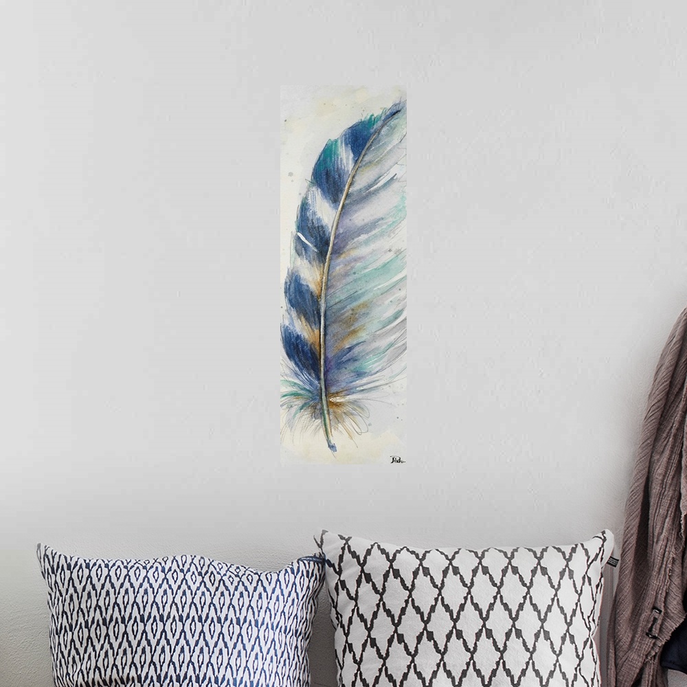A bohemian room featuring Watercolor painting of a pointed, striped feather.