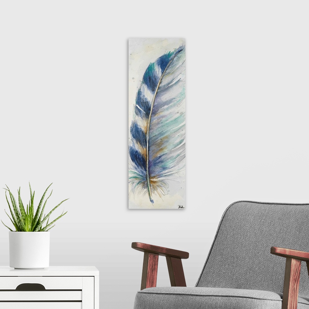 A modern room featuring Watercolor painting of a pointed, striped feather.