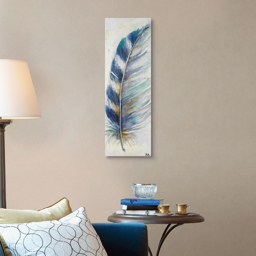 A traditional room featuring Watercolor painting of a pointed, striped feather.