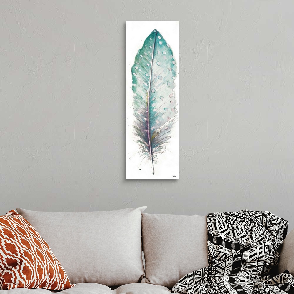 A bohemian room featuring Watercolor painting of a pointed, spotted feather.