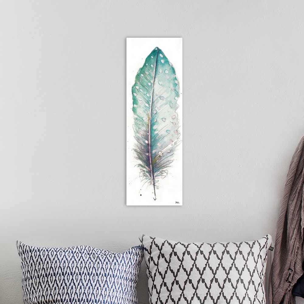 A bohemian room featuring Watercolor painting of a pointed, spotted feather.