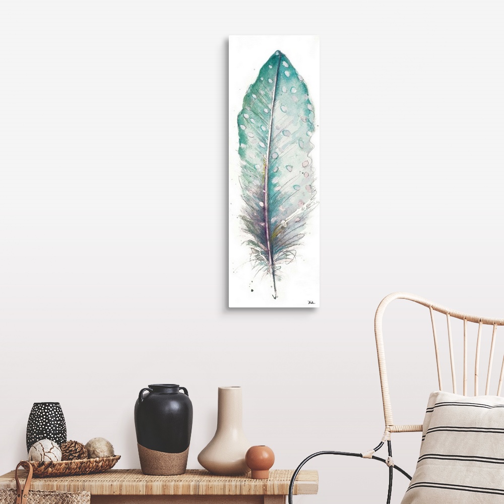 A farmhouse room featuring Watercolor painting of a pointed, spotted feather.