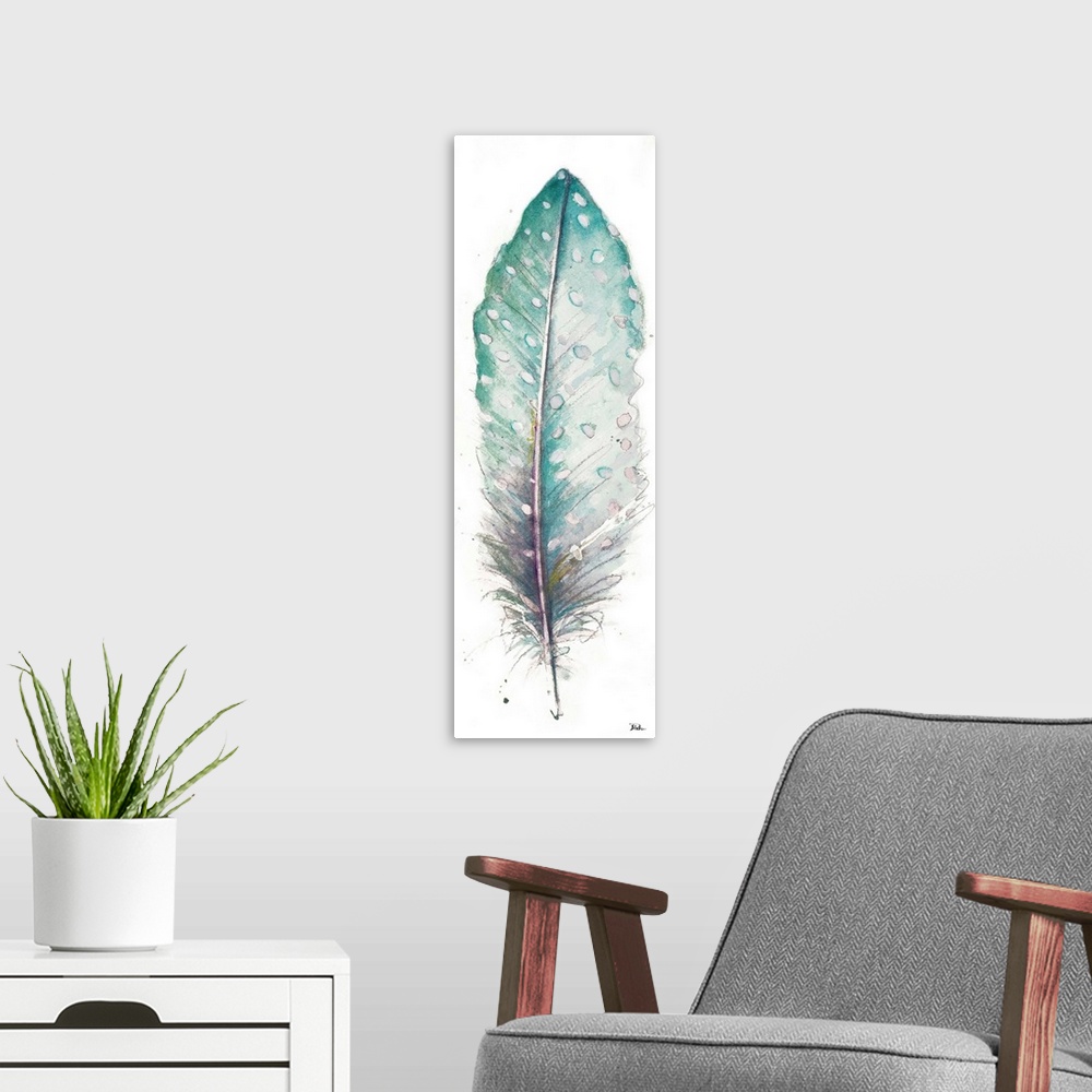 A modern room featuring Watercolor painting of a pointed, spotted feather.