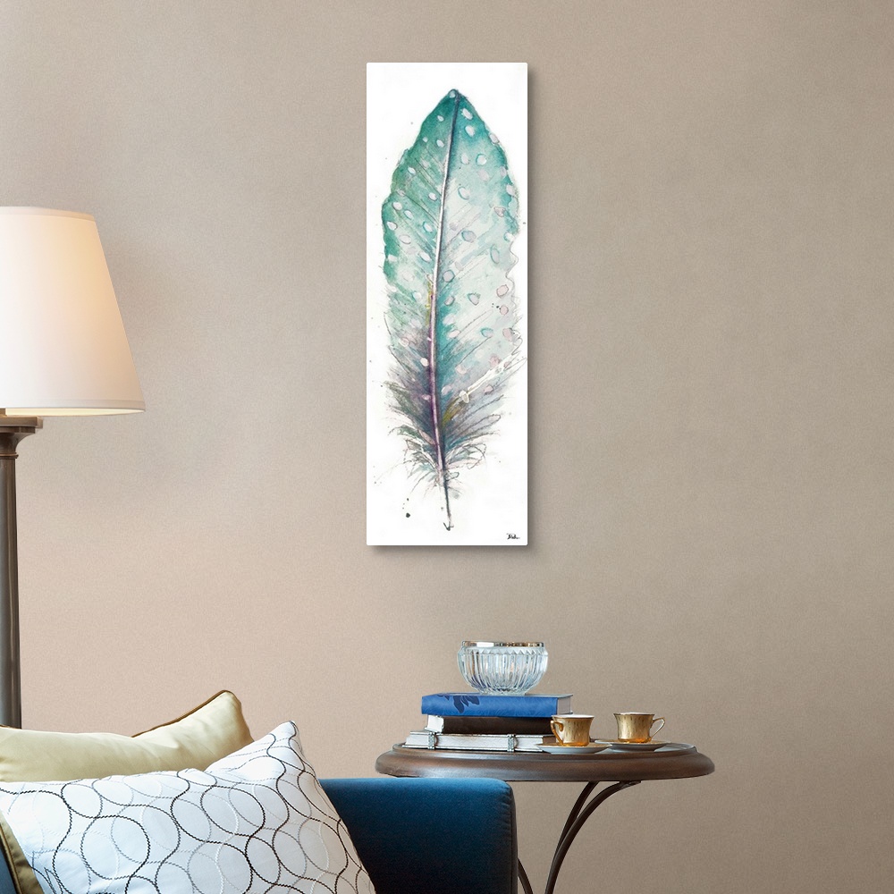 A traditional room featuring Watercolor painting of a pointed, spotted feather.