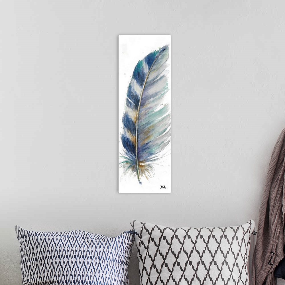 A bohemian room featuring Contemporary watercolor painting of a feather against a white background.