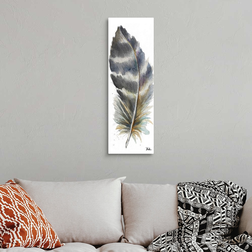 A bohemian room featuring Contemporary watercolor painting of a feather against a white background.