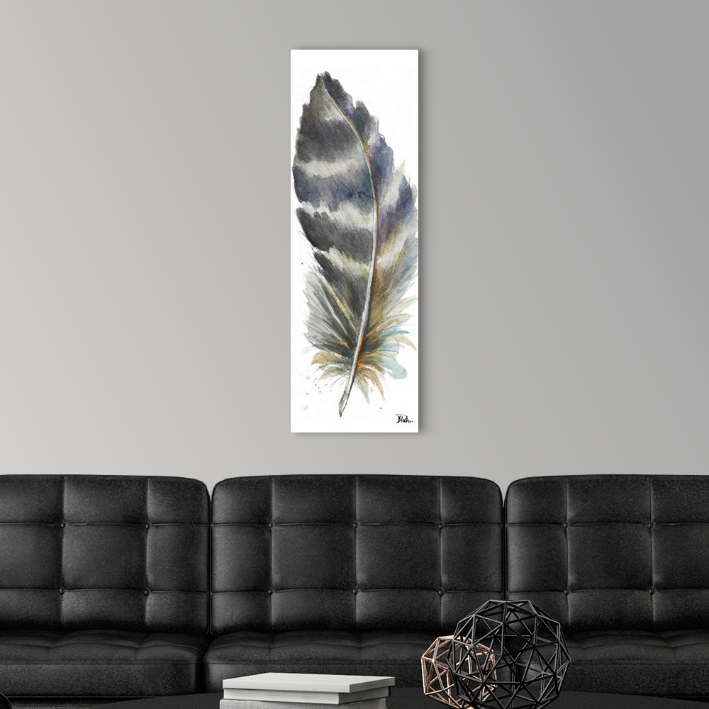 A modern room featuring Contemporary watercolor painting of a feather against a white background.