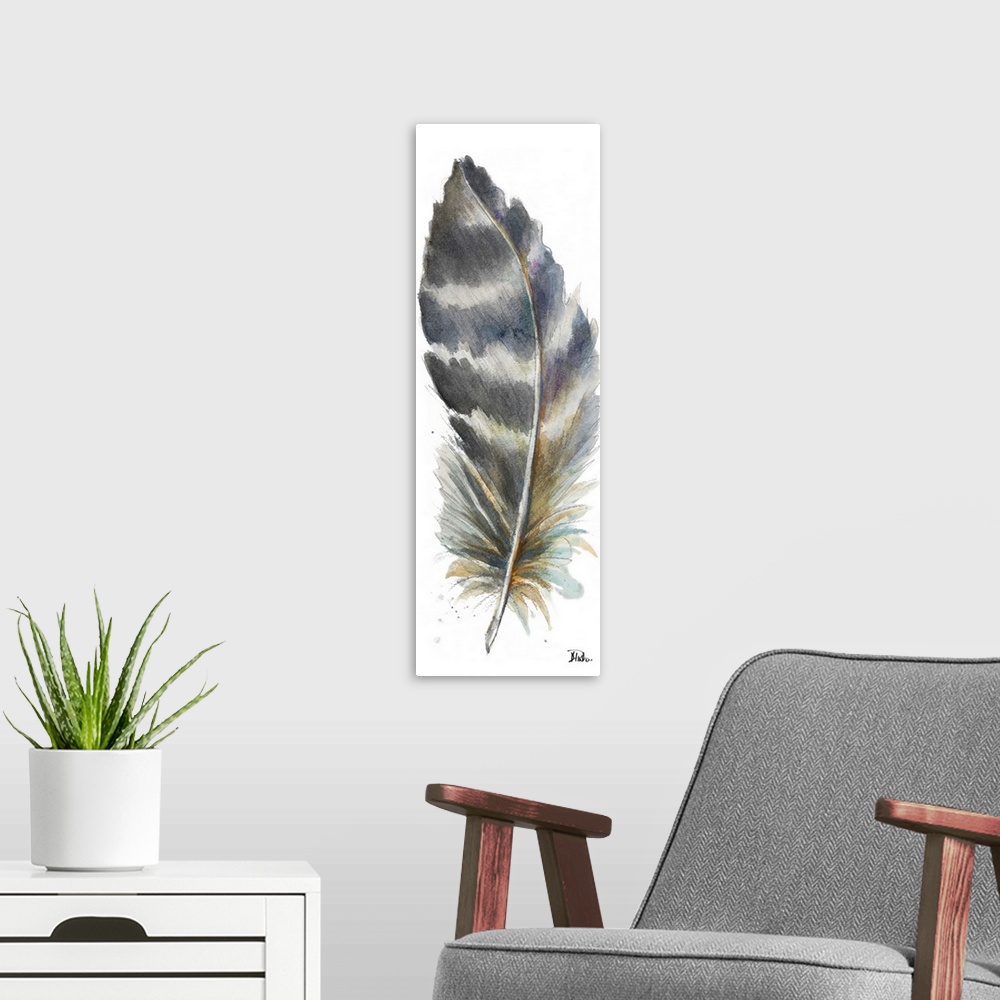 A modern room featuring Contemporary watercolor painting of a feather against a white background.