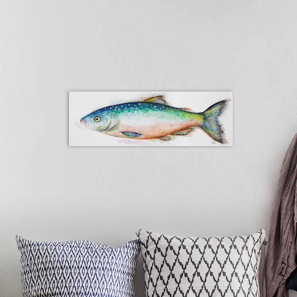A bohemian room featuring Watercolor painting of a freshwater fish.