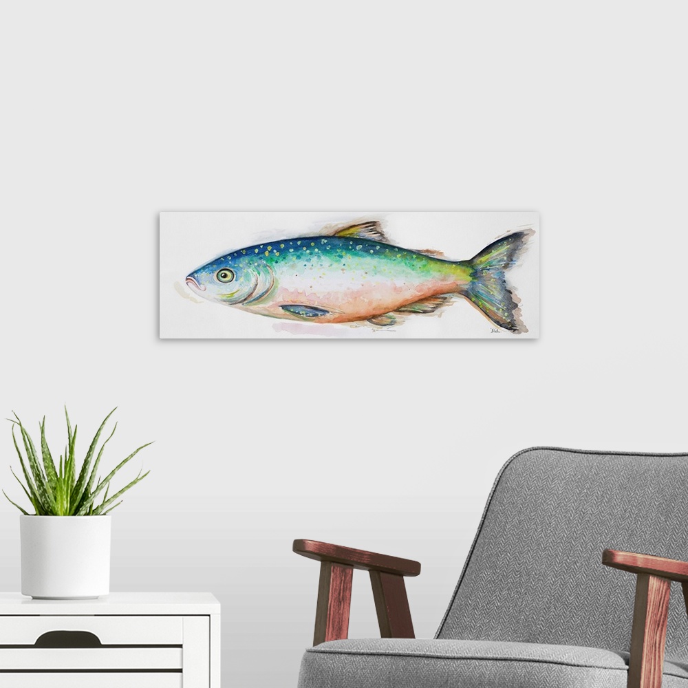 A modern room featuring Watercolor painting of a freshwater fish.