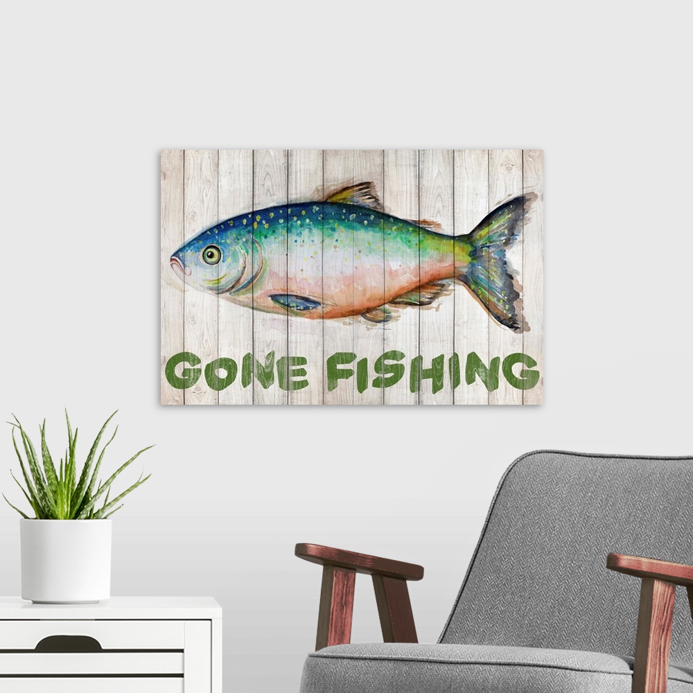 A modern room featuring Painting of a fish on wooden boards with "Gone Fishing" written underneath.