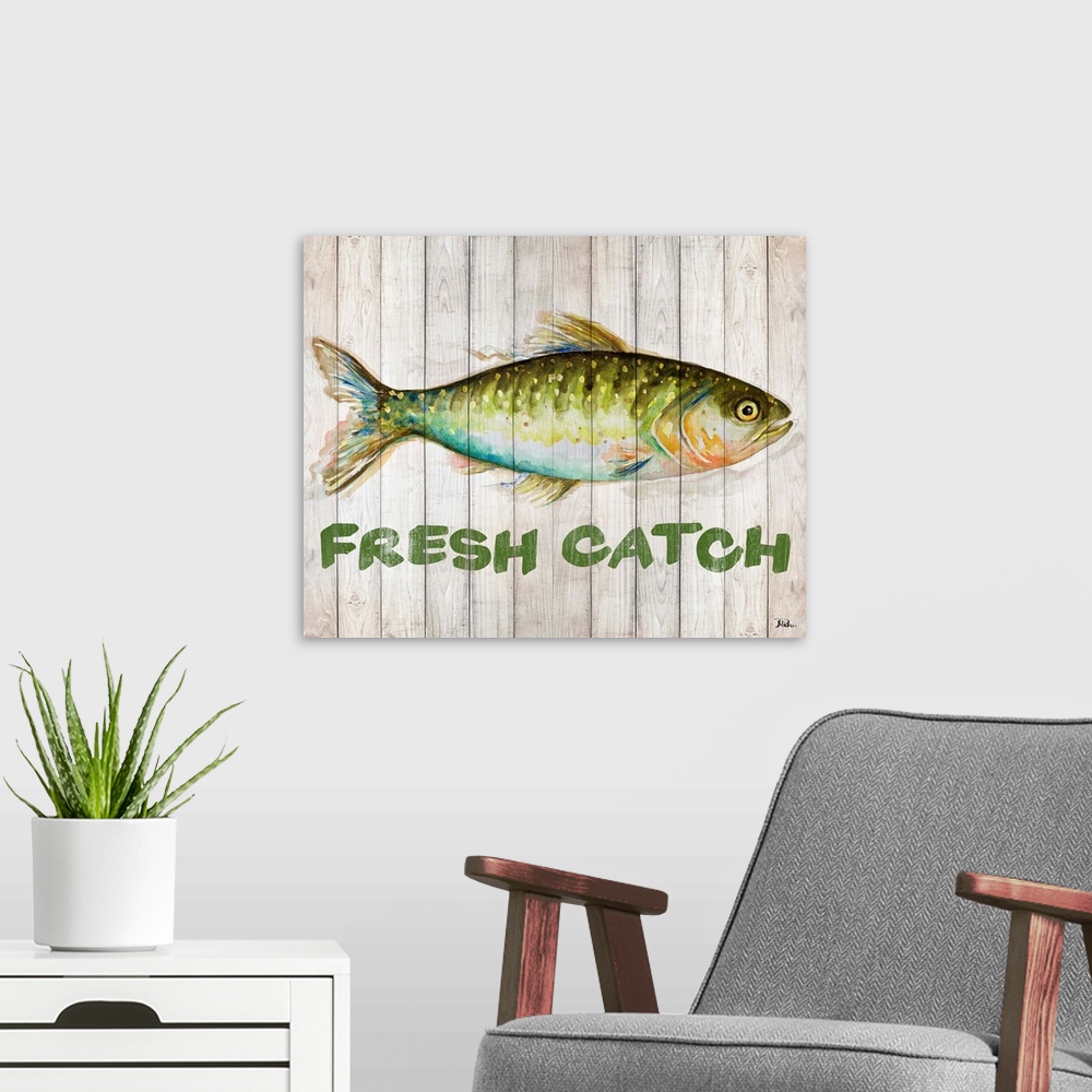 A modern room featuring Watercolor painting of a freshwater fish with "Fresh Catch" written below.