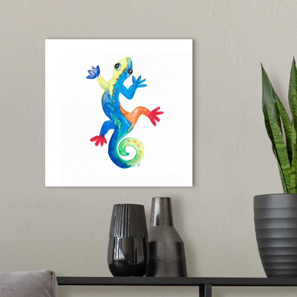 A modern room featuring Watercolor Gecko Square I
