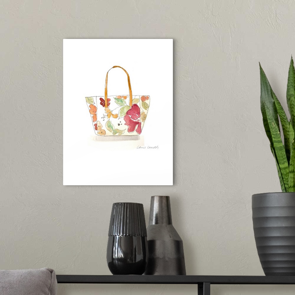 A modern room featuring Watercolor painting of a floral print purse.
