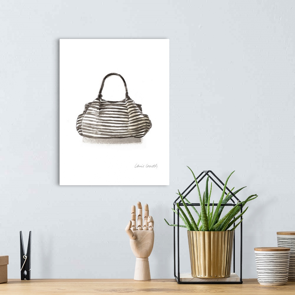 A bohemian room featuring Watercolor painting of a black and white striped purse.