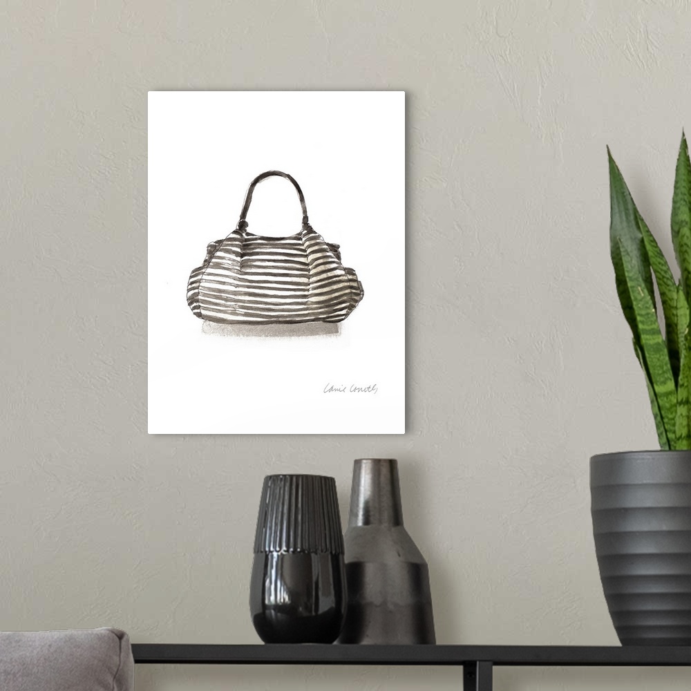 A modern room featuring Watercolor painting of a black and white striped purse.
