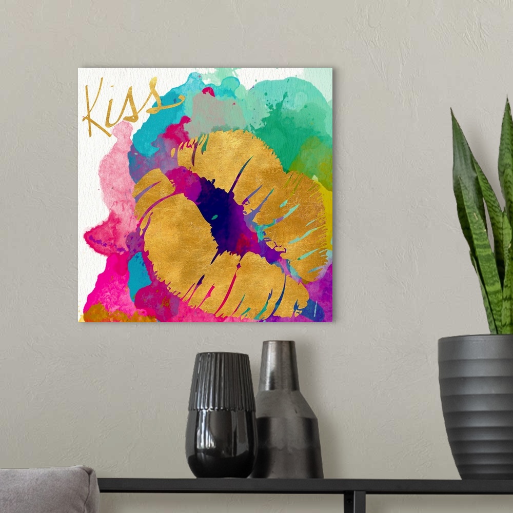 A modern room featuring A gold lip print on a multicolored watercolor background.