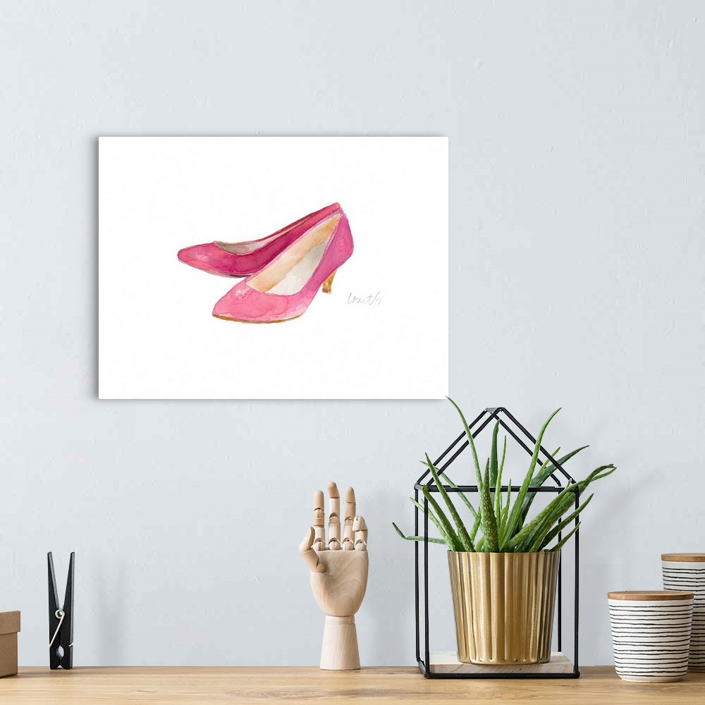 A bohemian room featuring Watercolor painting of a pair of pink heels.