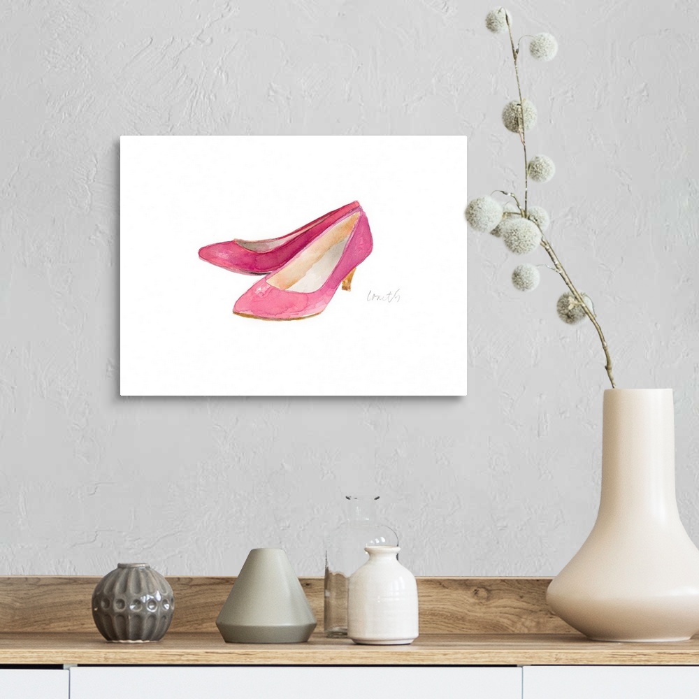 A farmhouse room featuring Watercolor painting of a pair of pink heels.