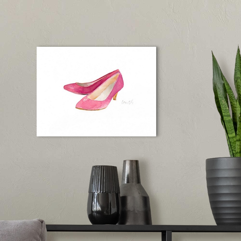A modern room featuring Watercolor painting of a pair of pink heels.