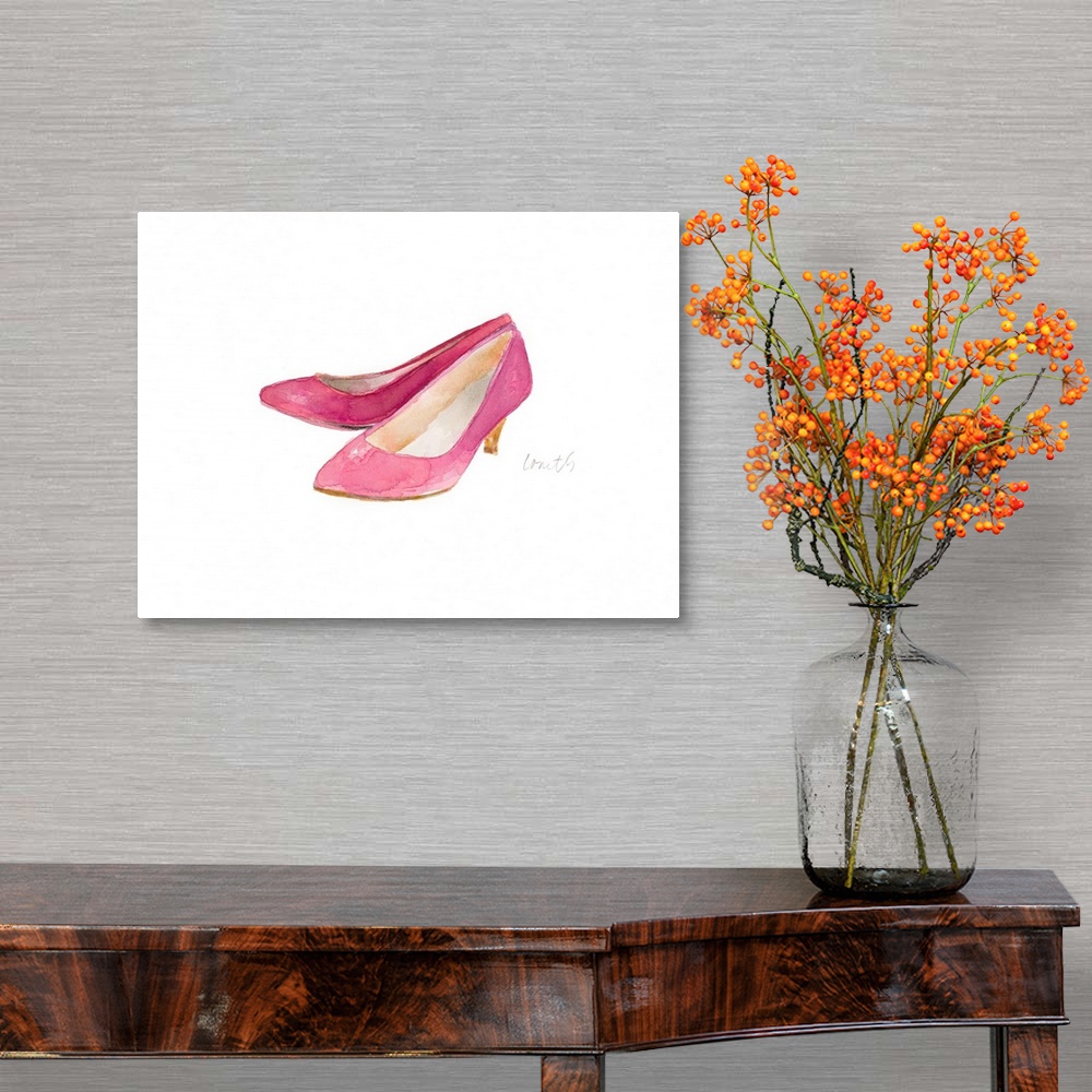 A traditional room featuring Watercolor painting of a pair of pink heels.