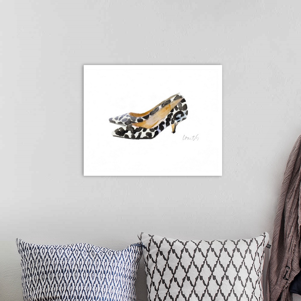 A bohemian room featuring Watercolor painting of a pair of white heels with black spots all over.