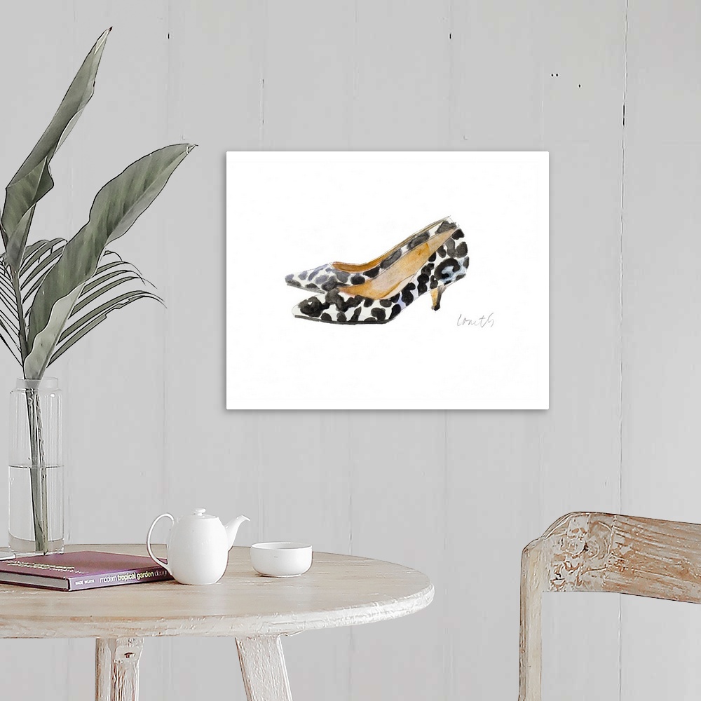 A farmhouse room featuring Watercolor painting of a pair of white heels with black spots all over.