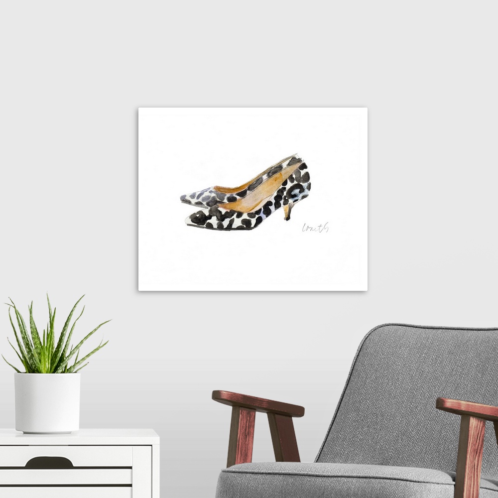 A modern room featuring Watercolor painting of a pair of white heels with black spots all over.
