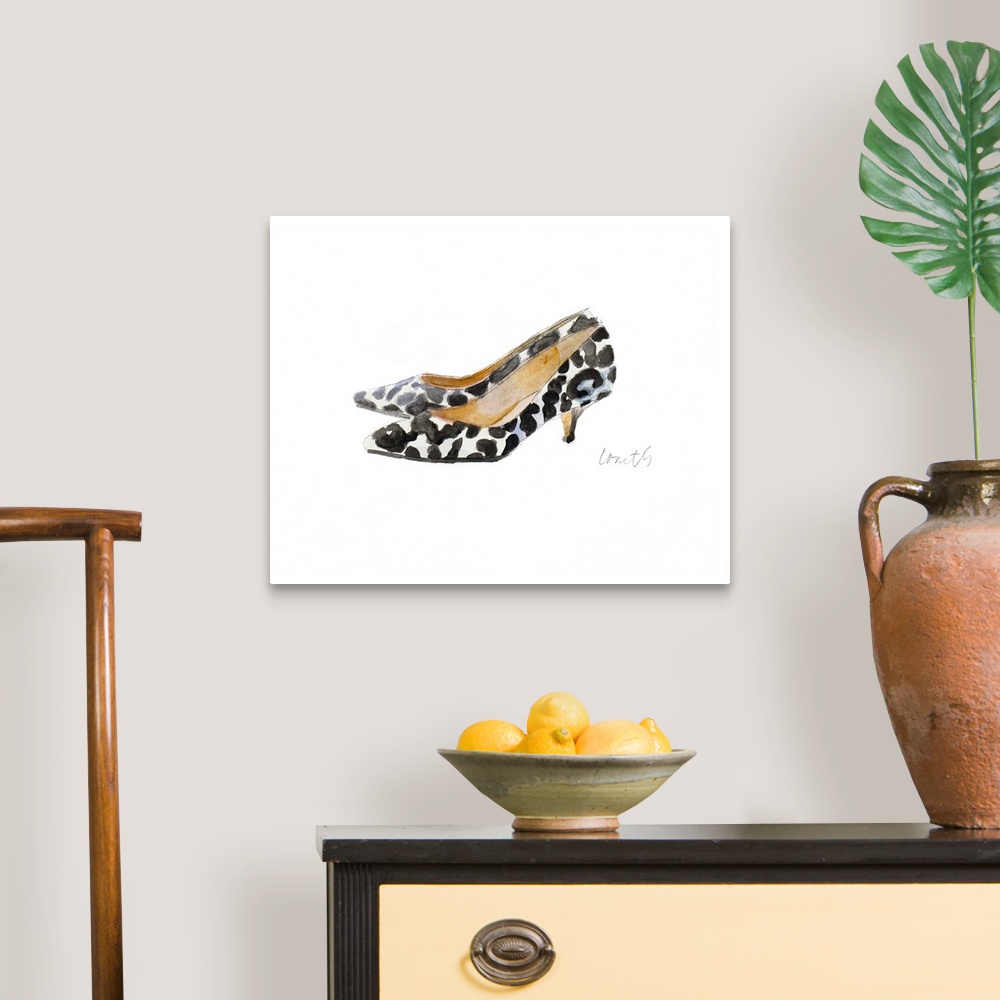 A traditional room featuring Watercolor painting of a pair of white heels with black spots all over.