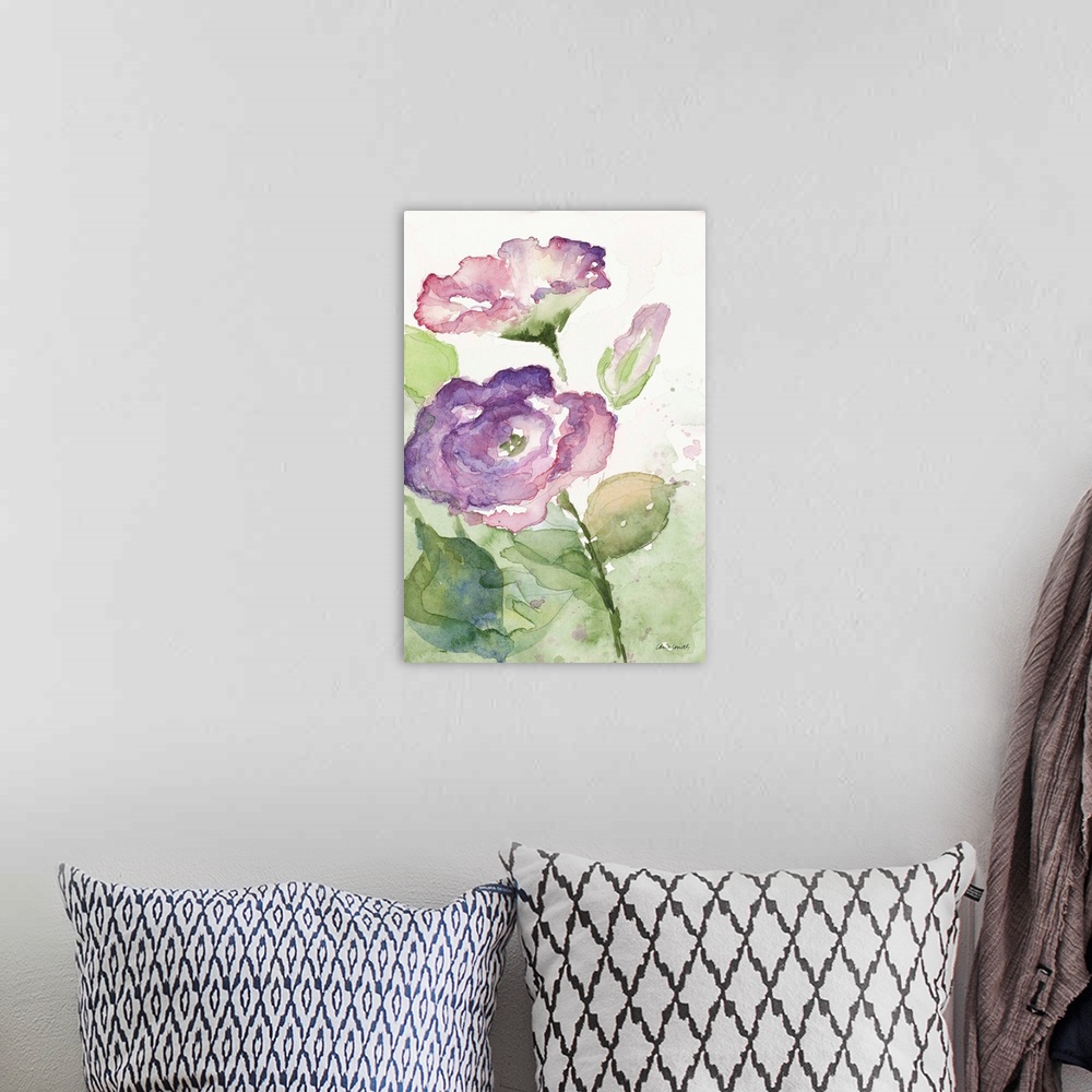 A bohemian room featuring Contemporary artwork featuring purple watercolor flowers with mark making lines against a white b...