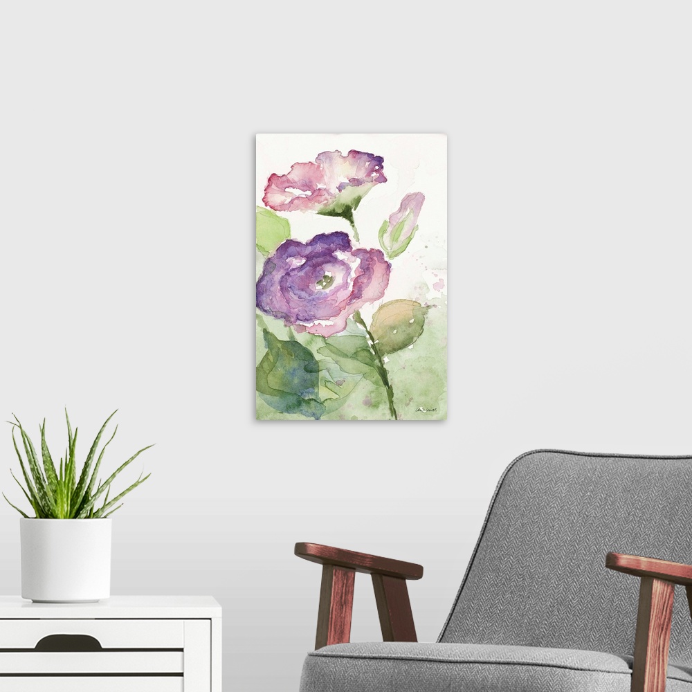 A modern room featuring Contemporary artwork featuring purple watercolor flowers with mark making lines against a white b...