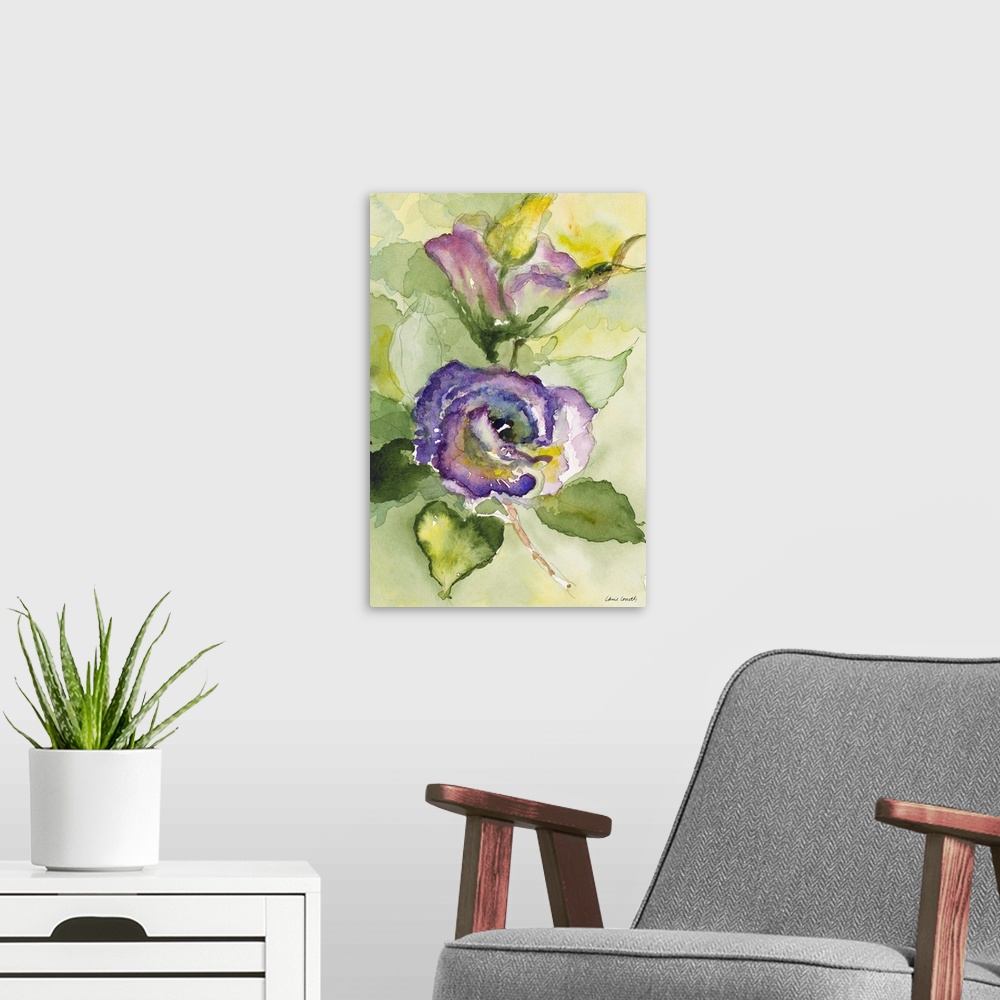 A modern room featuring Contemporary artwork featuring purple watercolor flowers against a green background with mark mak...
