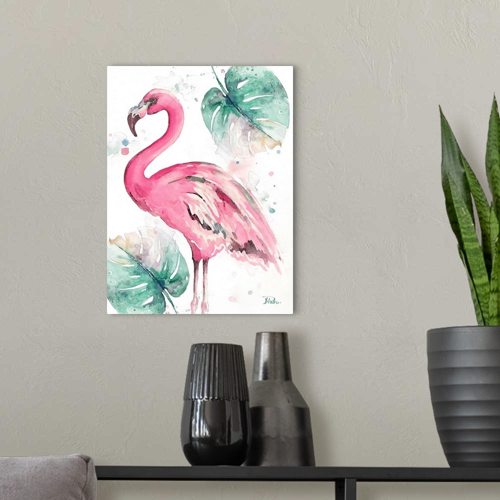 A modern room featuring A watercolor painting of a pink flamingo and two big green leaves.