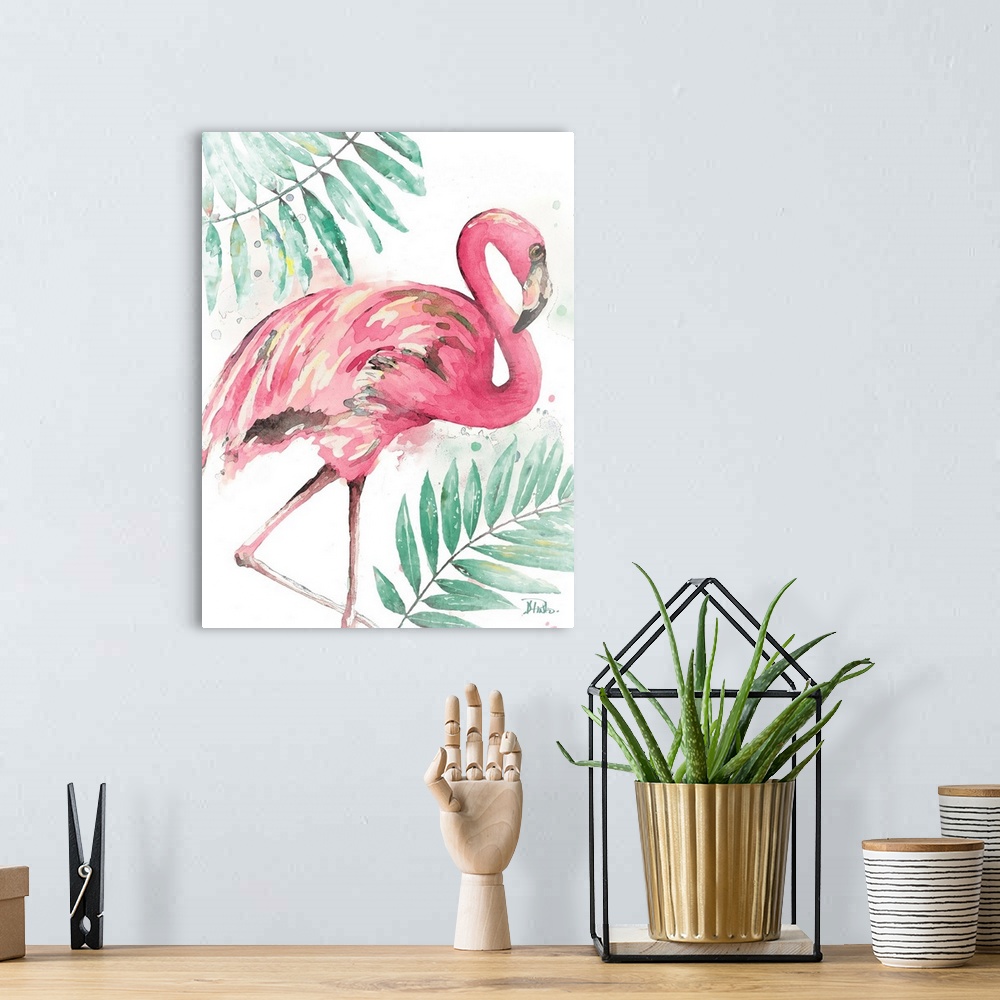 A bohemian room featuring A watercolor painting of a pink flamingo and two big green leaves.