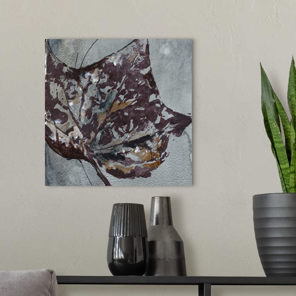 A modern room featuring A textured watercolor painting of a leaf.
